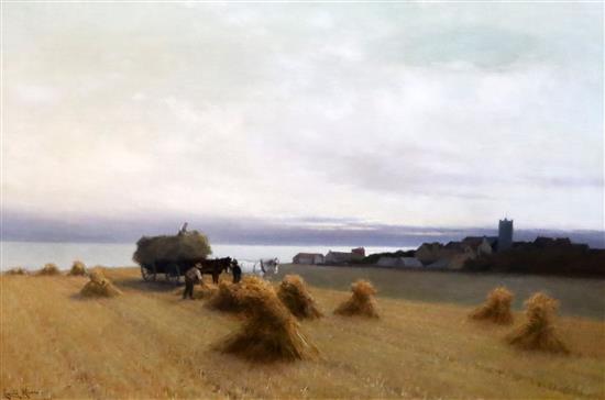 Leopold Rivers (1852-1905) Harvesters in a coastal landscape 19.5 x 29.5in.
